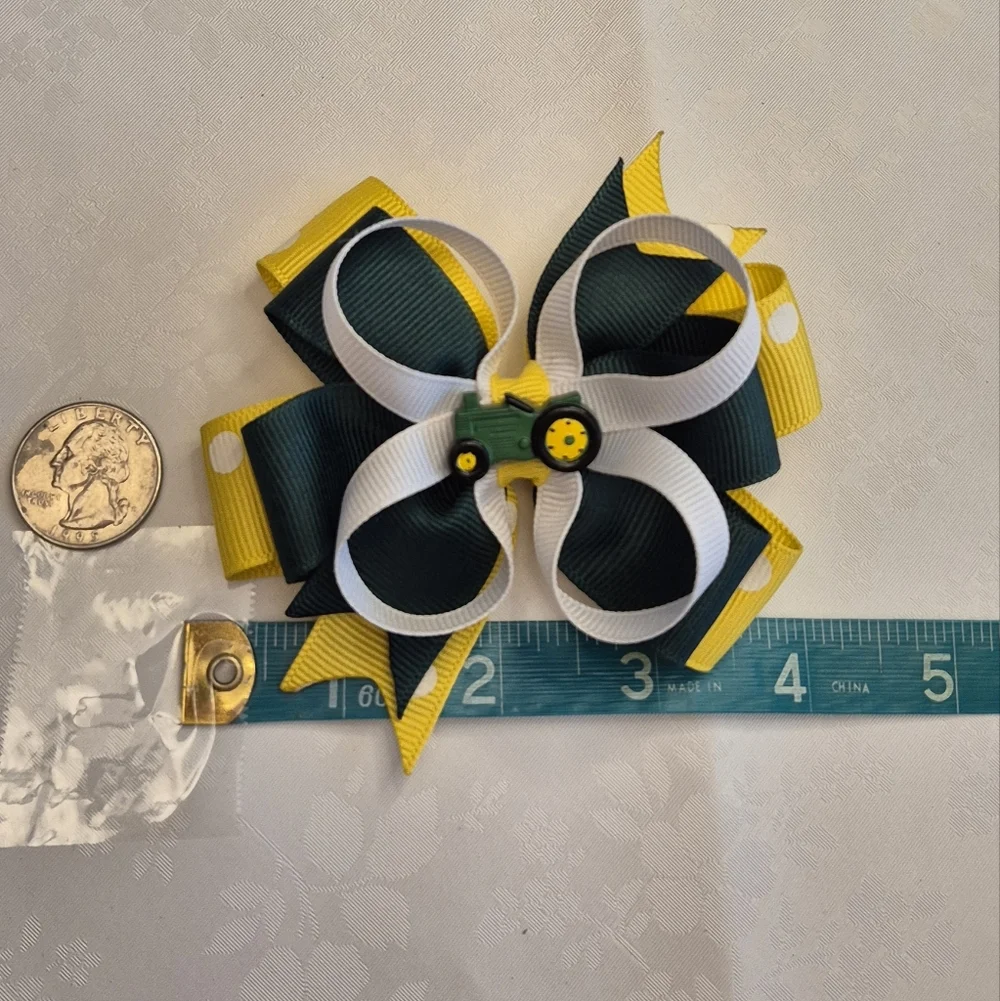 Kids Tractor Charm Hair Bow - Green, Yellow, and White